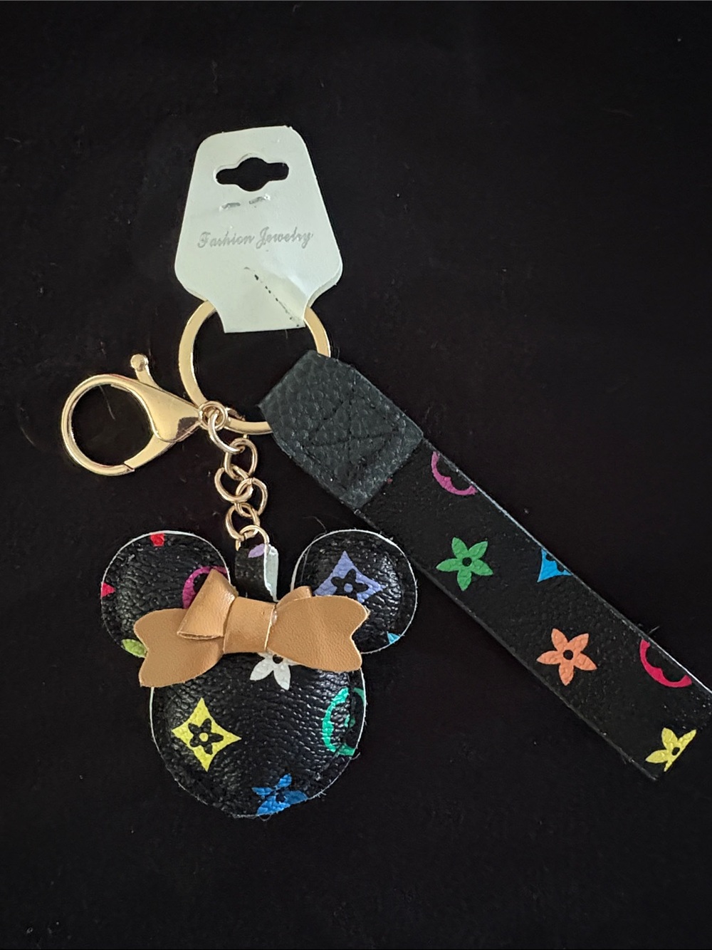 Black Fashion Multicolor Monogram Mickey Mouse Ear Keychain Bag Charm with Bow